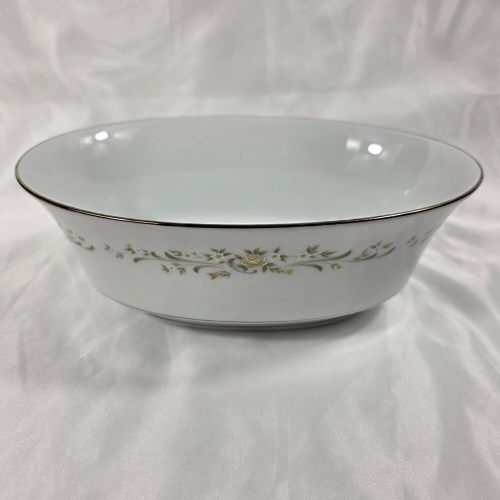 Sango Debutante 9 Inch Oval Serving Bowl White with Flowers and Scrolls